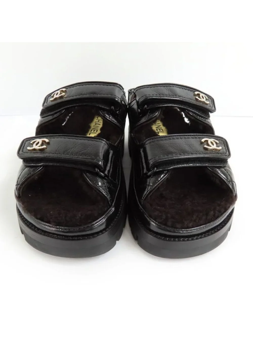 Chanel Sandals 23 K boa Rhinestone Coco Mark 38 Black Leather - Picture 3 of 10